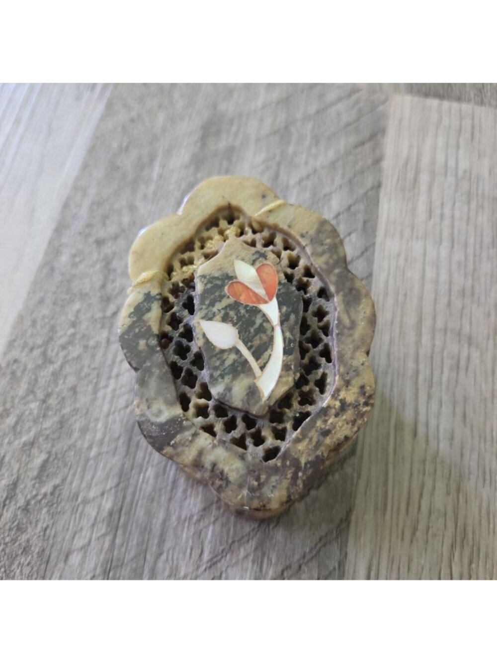 Handmade India Soapstone Trinket Box Carved Floral Inlay Traditional Decorative
